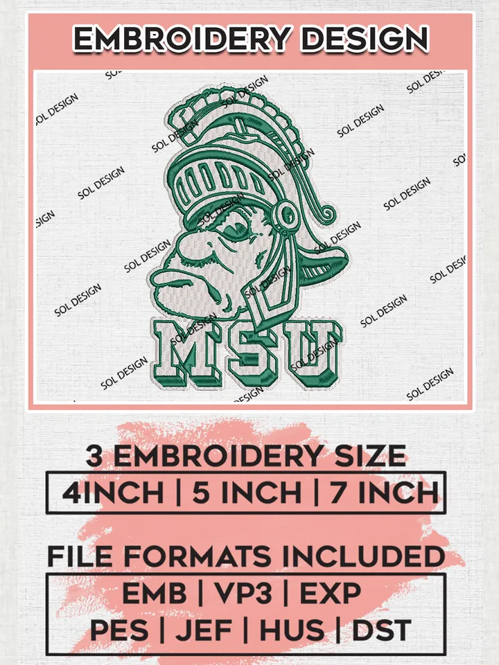 NCAA MSU Spartans Team Mascot Logo Embroidery Design Files, NCAA Michigan State Spartans Machine Embroidery, NCAA Teams, 3 sizes, NCAA Machine embroidery designs, Digital Download
