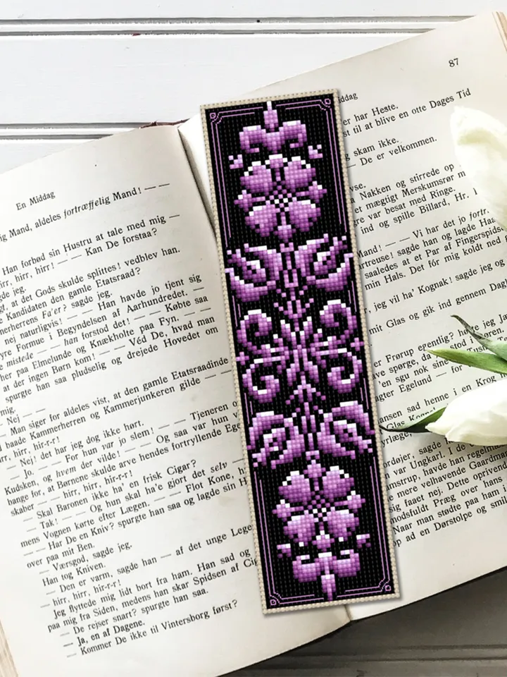 Floral ornament bookmark cross stitch pattern PDF download Modern Handmade bookmark digital PDF, Purple flowers cross stitch chart #B134