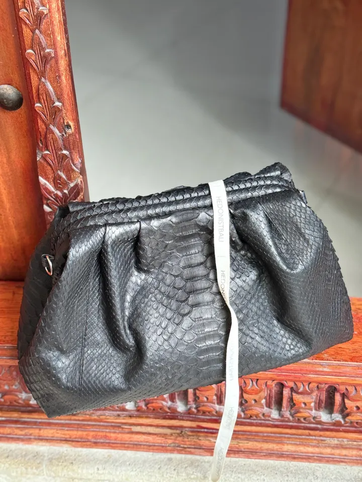 Genuine python skin black  pouch bag | exotic leather bags | medium size soft clutch | snake designer bag | gift for her | classy purse