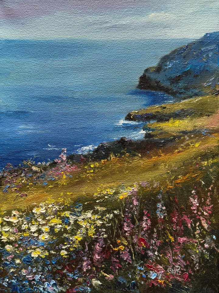 Original Oil Seascape Painting Beach Oil Painting Wildflower Artwork