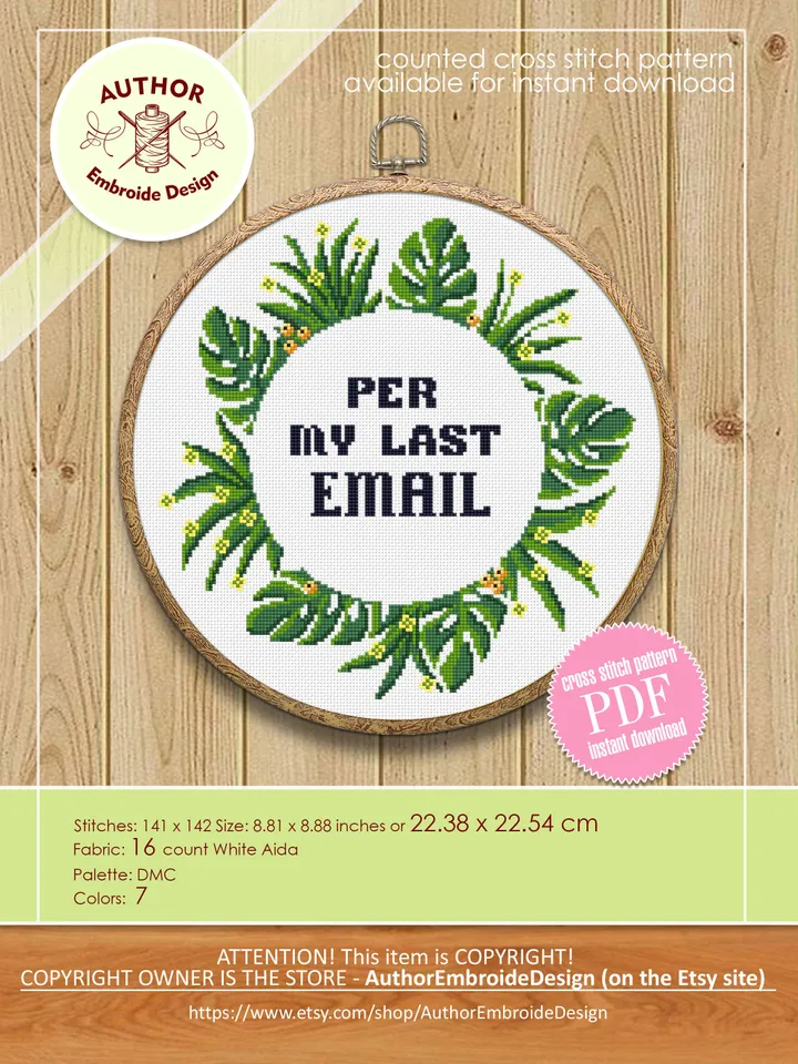 Monstera leaf wreath cross stitch pattern PDF download Per my last email Quote cross stitch chart, Greenery border pattern digital PDF #Q36