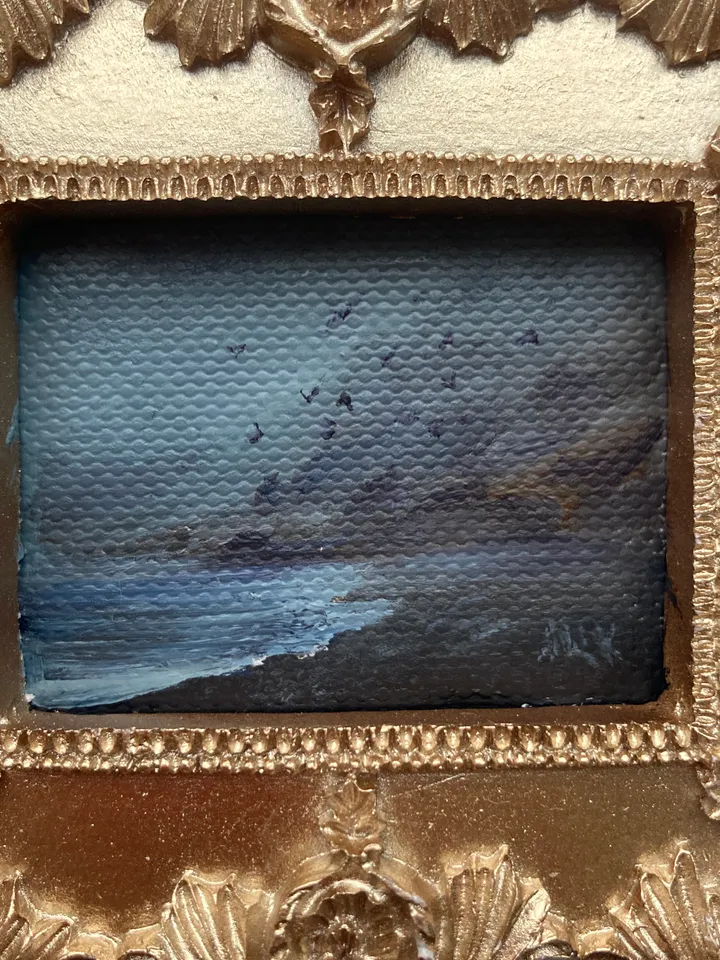 Small Landscape Oil Painting Framed Original Foggy Coast Painting Antique Ocean Art Gold Frame Tiny Paintings 3 x 4 Birds Art