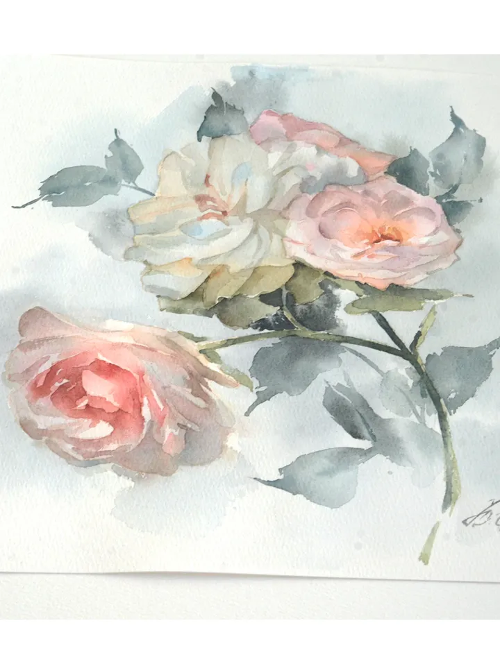 Delicate roses in watercolor Original art Flowers painting by Yulia Evsyukova