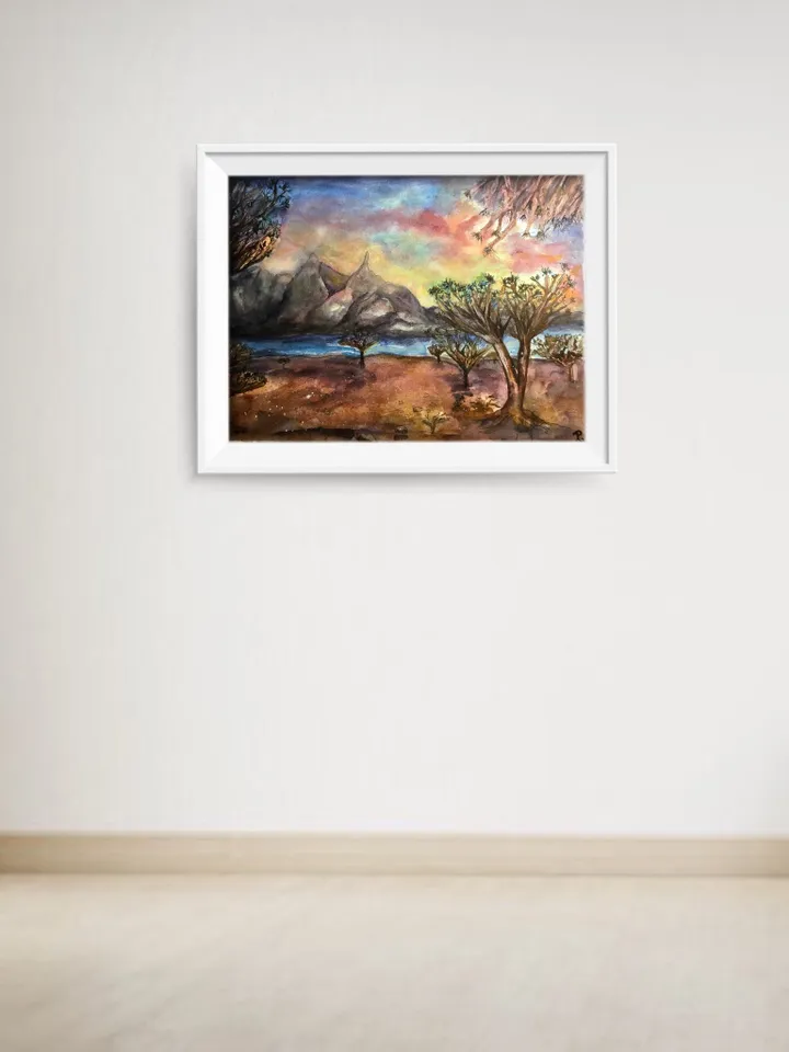 Dragon trees original watercolour african landscape painting.Landscape wall art.Original watercolour art. Sunset painting.Fantasy landscape.