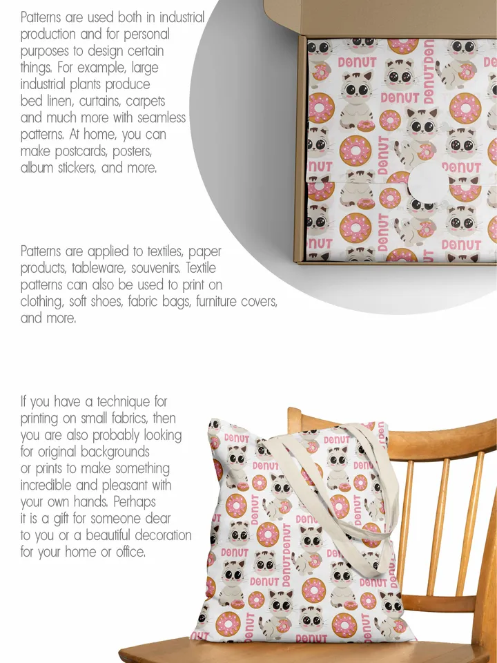 Prints and patterns of cute cats with donuts in vector