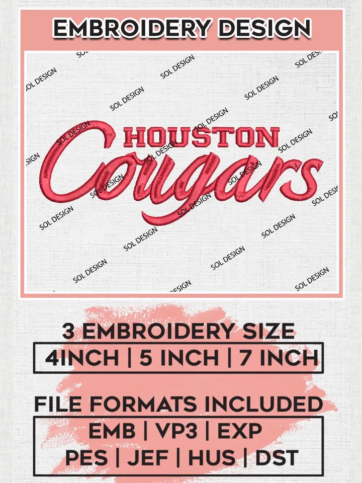 Houston Cougars Team Writing Logo Embroidery Design Files, NCAA Houston Cougars Machine Embroidery, NCAA Teams, 3 sizes, NCAA Machine embroidery designs, Digital Download