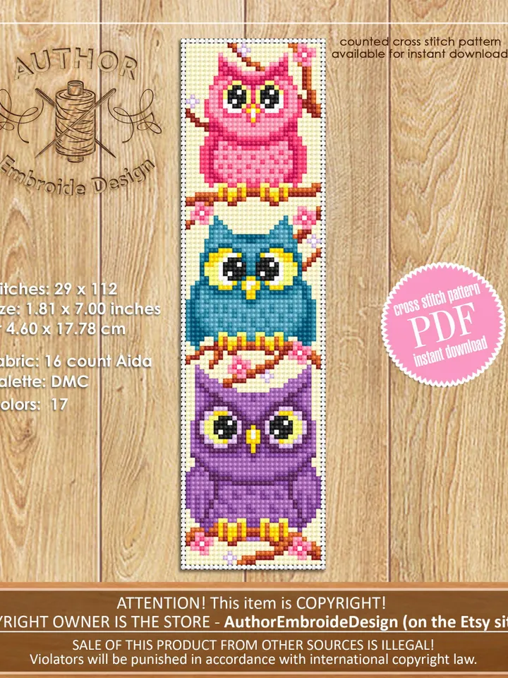 Owl bookmark cross stitch pattern PDF download Funny birds cross stitch chart, Cute bookmark pattern digital PDF, Book lover gift #B418