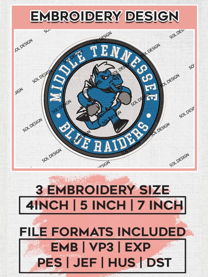NCAA Middle Tennessee Blue Raiders Round Logo Embroidery, NCAA Middle Tennessee Blue Raiders Logo Embroidery files, NCAA Teams, Machine embroidery designs, Digital Download