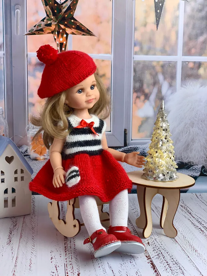 French Dress for Paola Reina doll KNIT PATTERN Oar dress for Boneka 12-13 inch doll, Ruby Red Siblies, Les Cheries 32 cm PDF eng