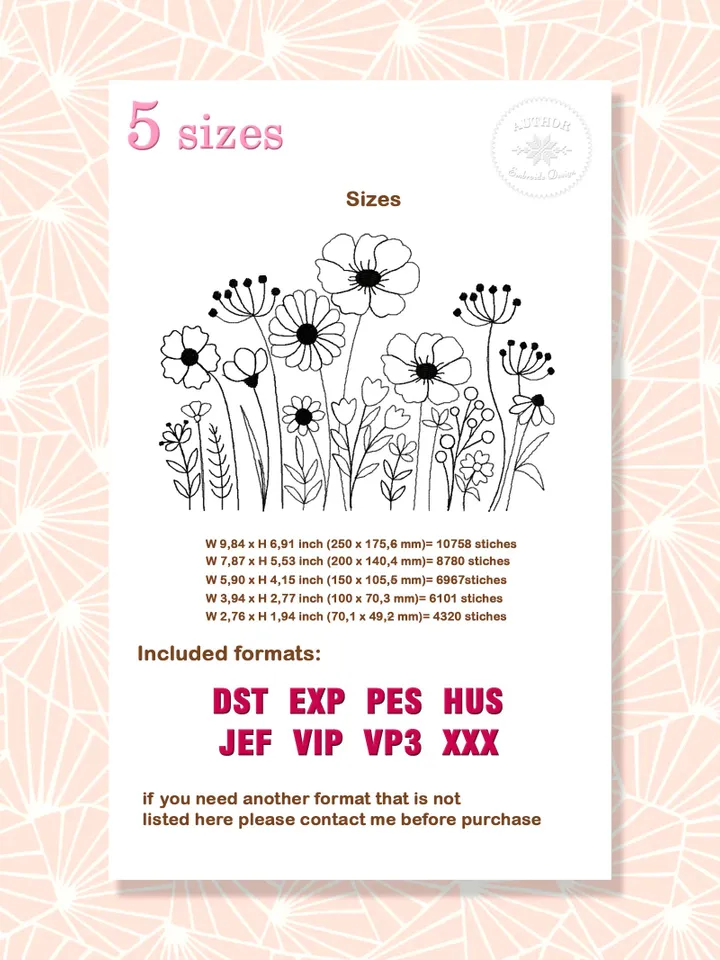 Wildflowers embroidery design Machine embroidery pattern 5 sizes, Meadow flowers embroidery files, Flower pattern, Floral border #R14