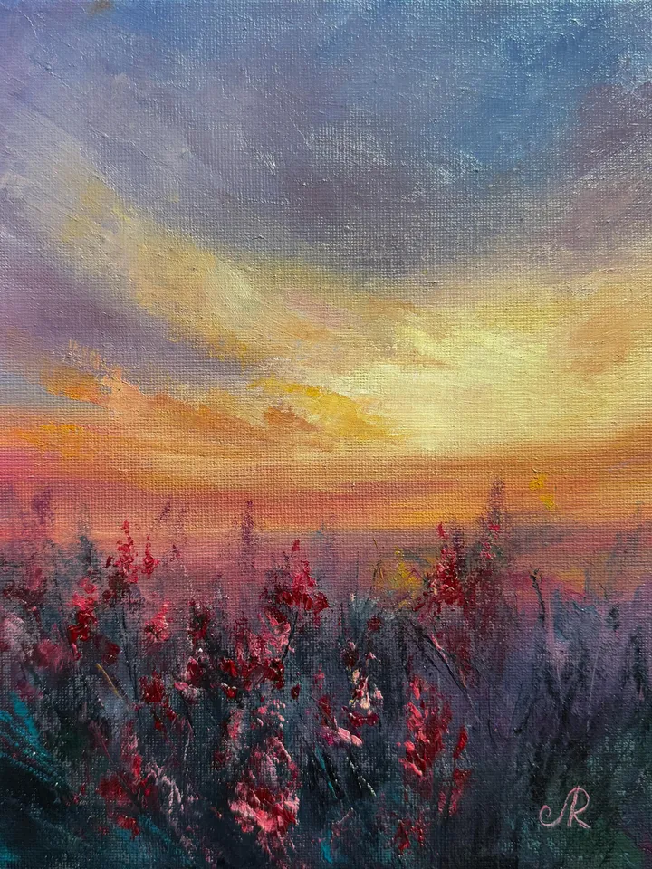 Sunset Oil Painting Rustic Wall Art Field Original Painting