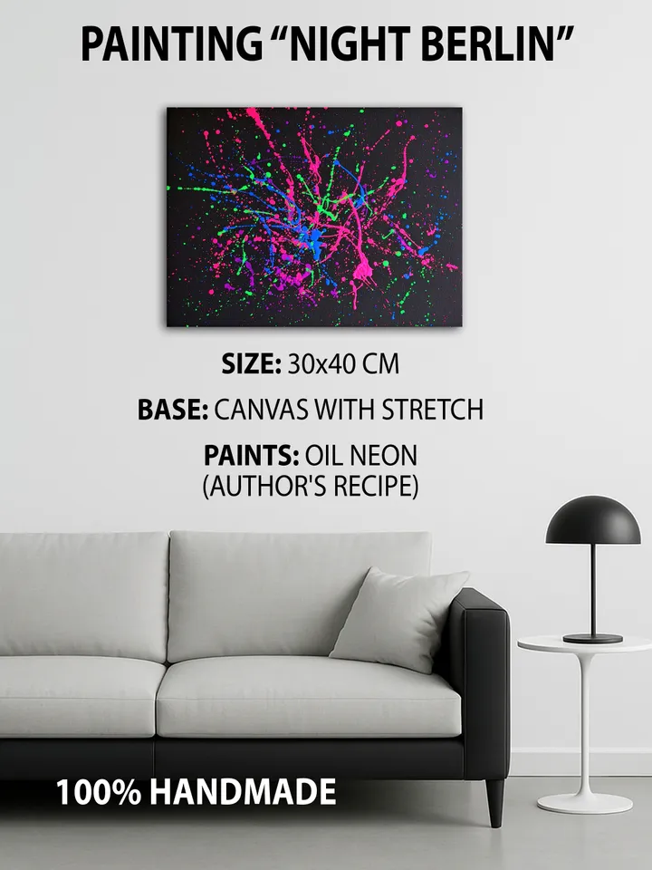 "Night Berlin" neon splash oil painting on canvas fluorescent art abstract art original black light painting