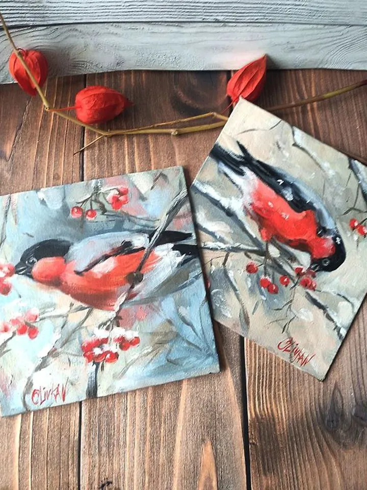 Bullfinch Art Bird Original Oil Artwork Bird Painting OlivKan