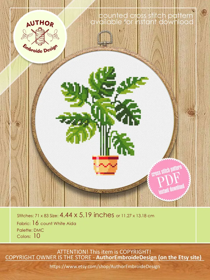 Plant Monstera cross stitch pattern PDF download House plants cross stitch chart, Easy small cross stitch, Monstera art Plant lover gift #P2