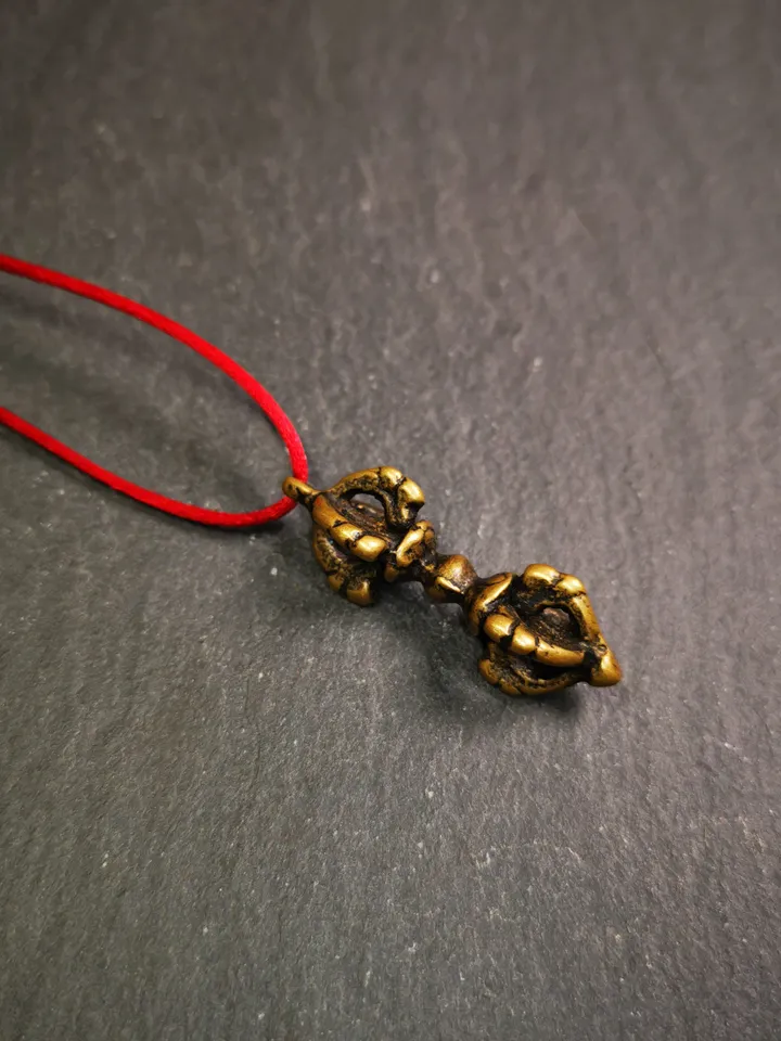 Gandhanra Tibetan Buddhist Amulet,Dorje Vajra Pendant with Leather Chord,Made of Brass,1.5"