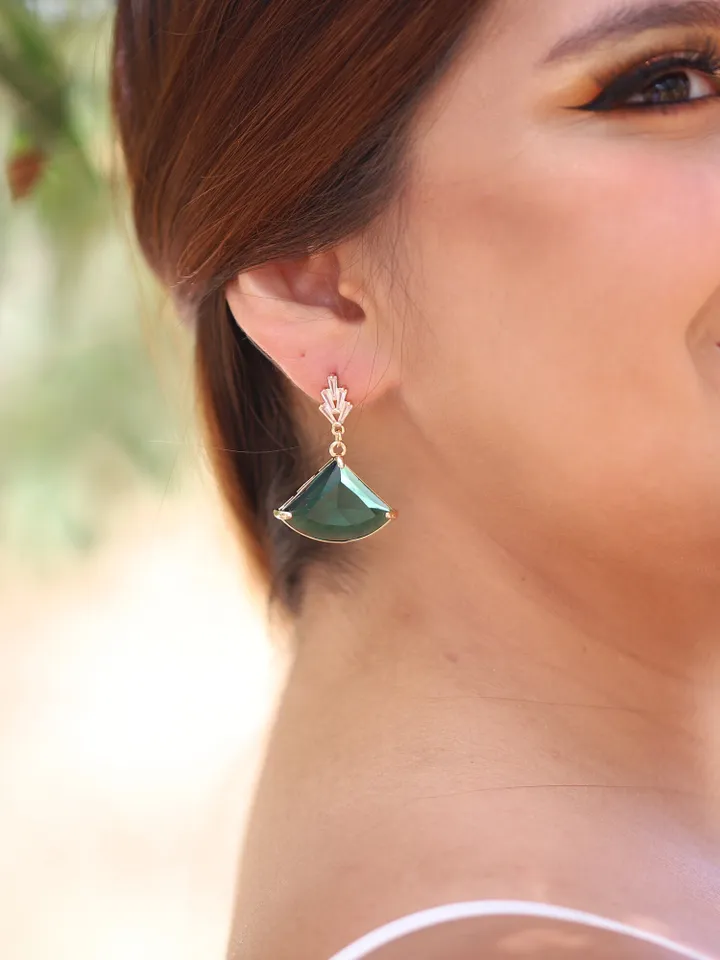 Art Deco Earrings, Statement Earrings, Gold Emerald Green Earrings, Fan Earrings, Statement Earrings, Boho Bridal Earrings, Bridal Jewelry