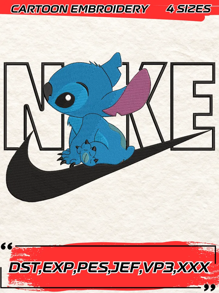 Swoosh Cartoon Lilo & Stitch Embroidery Designs,Stitch Embroidery Design ,Machine Embroidery Design File,4 Sizes, Digital Download