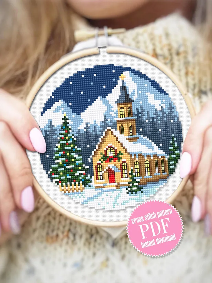 Christmas church cross stitch pattern PDF download Winter landscape cross stitch chart Christmas pattern digital PDF Christmas village #N179