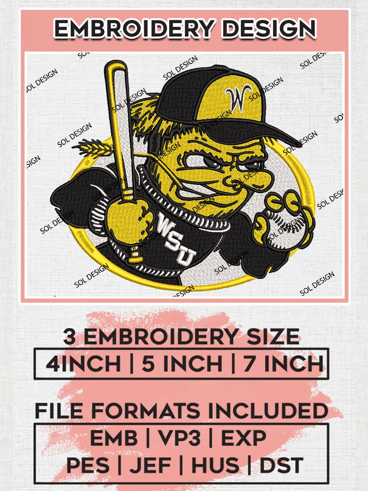 Wichita State Shockers Baseball Team Mascot Logo Embroidery Design Files, NCAA Wichita State Shockers Machine Embroidery, NCAA Teams, 3 sizes, NCAA Machine embroidery designs, Digital Download