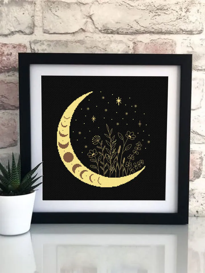 Mystical floral moon cross stitch pattern download PDF Moon phase cross stitch chart, Wildflowers blackwork pattern, Magic starry sky #L60