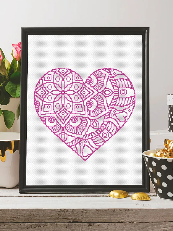 Heart mandala cross stitch pattern download PDF, Mandala heart shaped digital PDF, Heart ornament cross stitch chart, Valentine's Day #M73