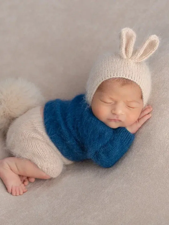 Knitted angora bunny set for newborn photography.Knitted Newborn photo props