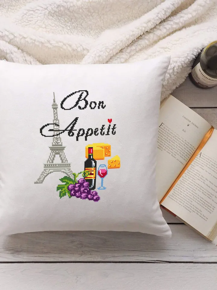 Paris kitchen cross stitch pattern download PDF, Food cross stitch chart, Quote cross stitch Bon Appetit, Eiffel Tower hand embroidery #F6