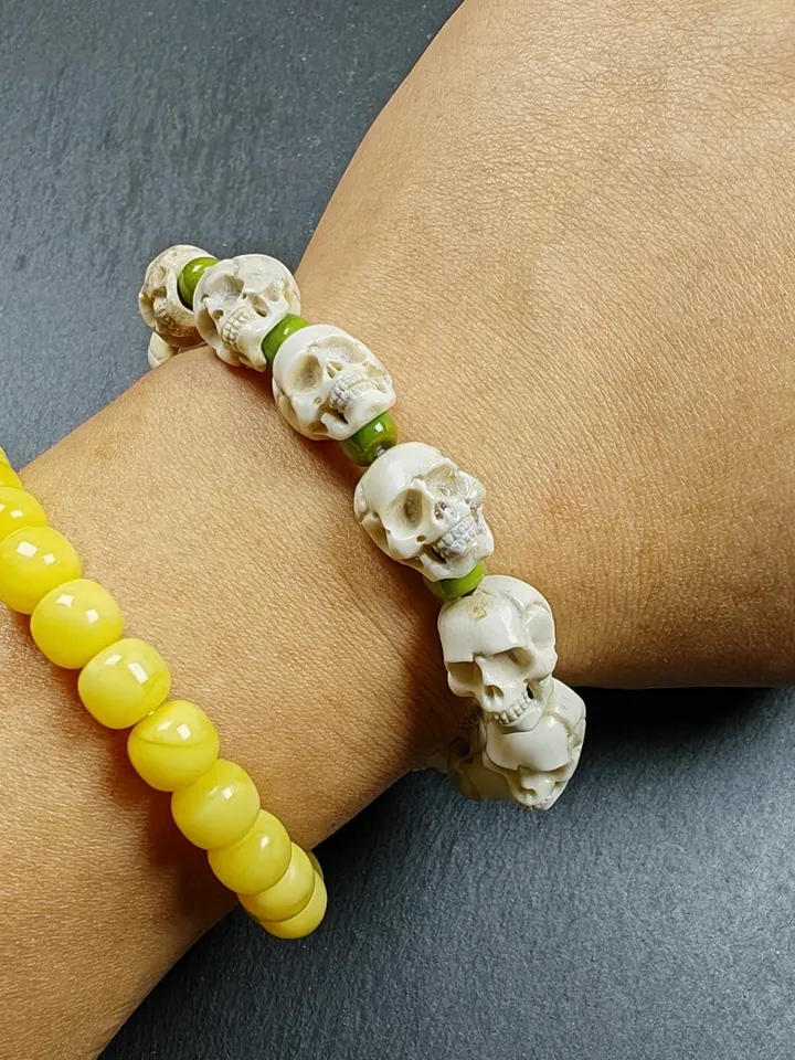 Authentic Tibetan Citipati Skulls Bead Bracelet | Unique White Deer Antler Carved Wrist Mala with Mixed Turquoise