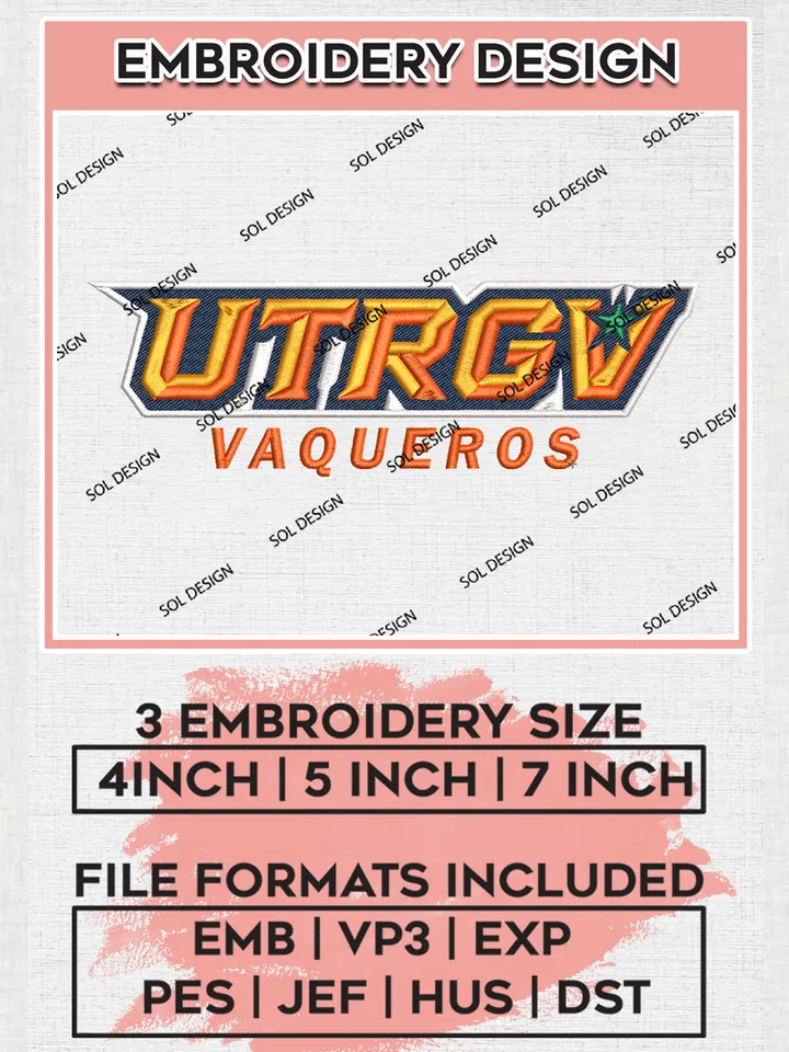 UTRGV Vaqueros College Football Team Logo Embroidery Design Files, NCAA UT Rio Grande Valley Vaqueros Machine Embroidery, NCAA Teams, Game Day, 3 sizes, NCAA Machine embroidery designs, Digital Download