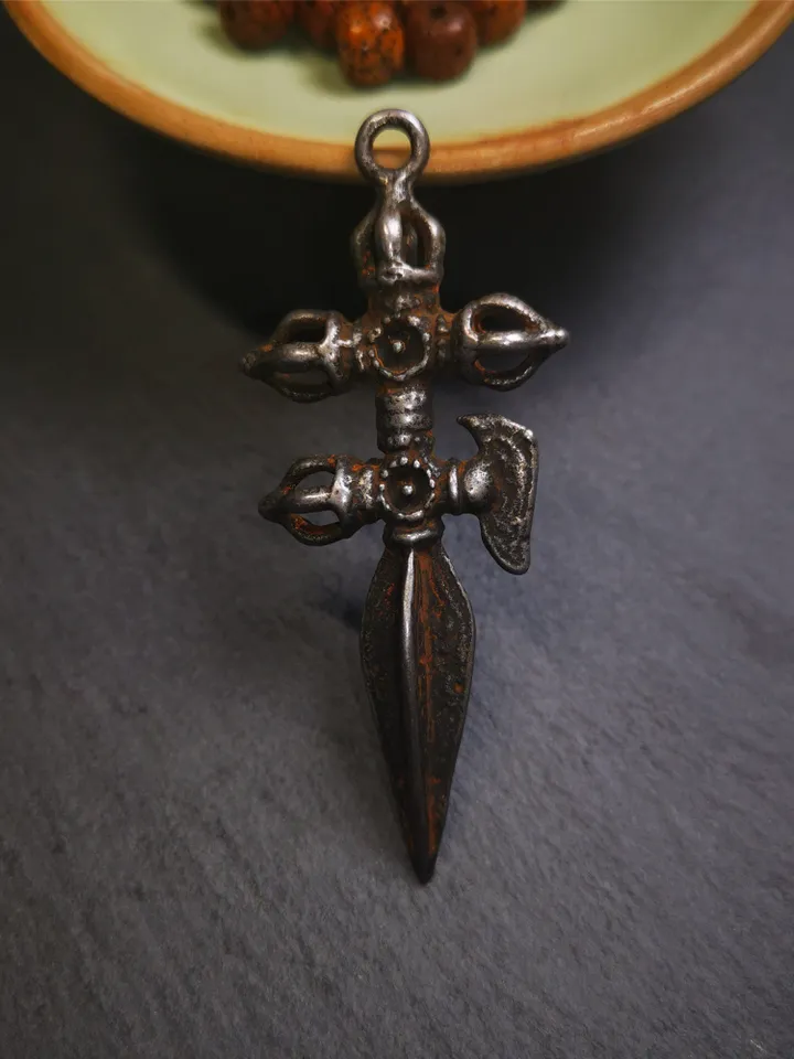 Gandhanra Vintage Cross Vajra Phurba Amulet,Kila(Dorje Phurba) Pendant,Tibetan Budhist Ritual Implement,made of Thokcha,40 Years Old