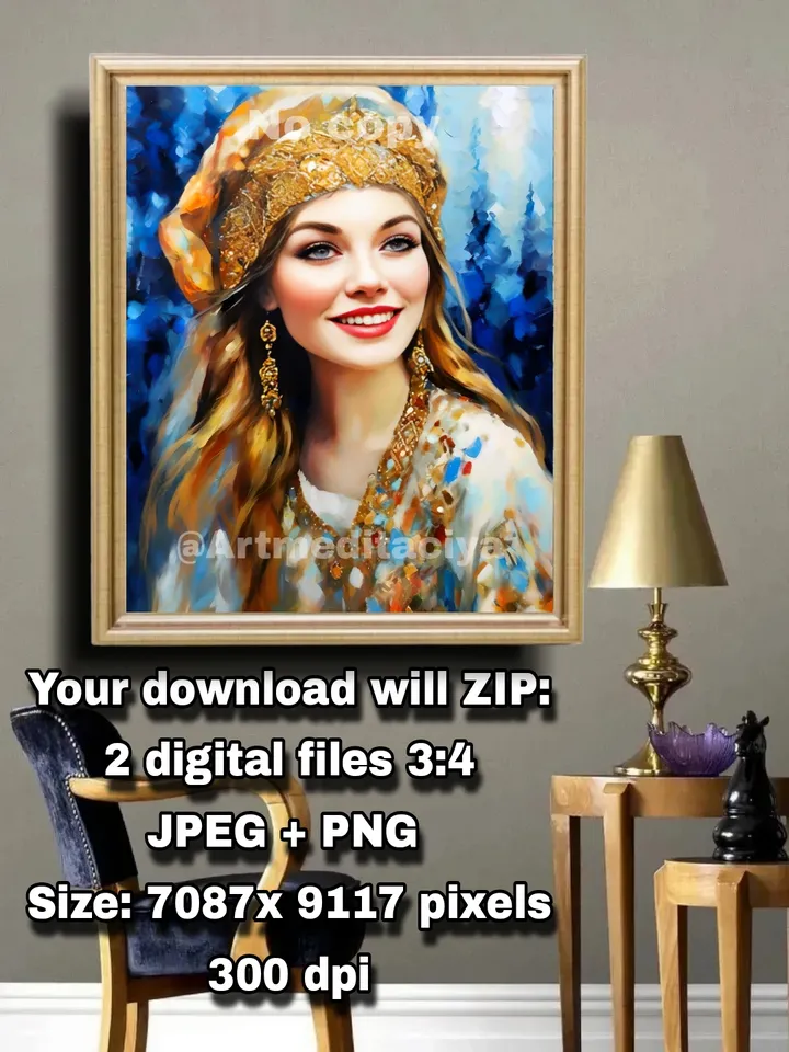 Digital abstract modern painting "Playful Slavyanka",
a blue-eyed blonde girl in a luxurious golden headdress in a white dress on an abstract blue forest background, made in the style of oil painting in ethnocolor