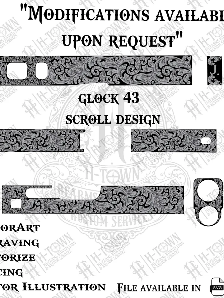 GLOCK 43 gen 5 Engraving Scroll Vector | Ornamental Grip Design | Full Slide Svg Png AI EPS | Custom Laser Template