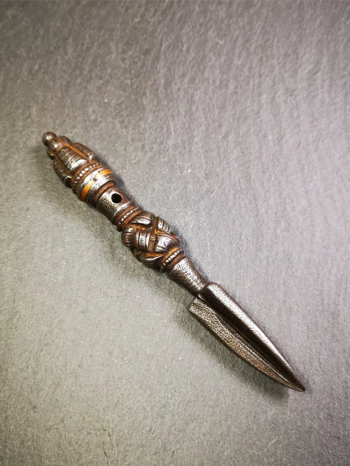 Gandhanra Handmade Tibetan Buddhist Ritual Implement - Kila -Dorje Phurba,Made of Cold Iron inlaid with Copper,5.1"