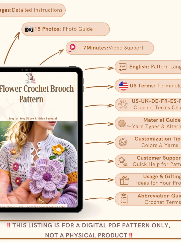 3D Flower Crochet Brooch Pattern  - Easy Crochet Flower Motif Pattern For Baby Blanket - Beginner Friendly Step by Step Instructions