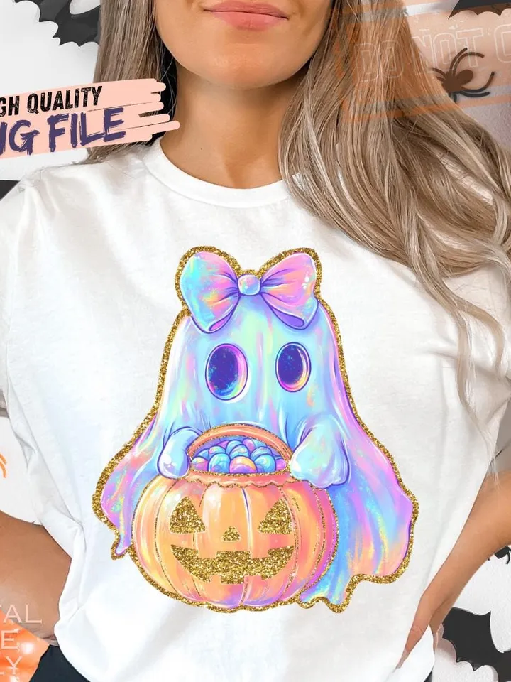 Iridescent Ghost Pumpkin PNG, Coquette Halloween Design, Iridescent Ghost Pumpkin Design, Halloween PNG, Girly Halloween Png, Cute Ghost Png