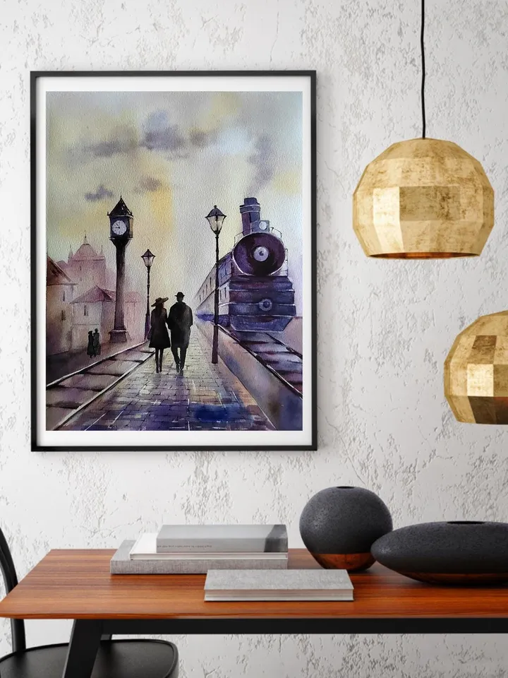 Railway Station Artwork Original Watercolor Painting Vintage Train Art 10.63x14.57 in by Art Café
