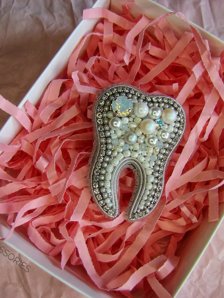 Tooth brooch, embroidered brooch, beaded brooch, medical pin, jewelry design