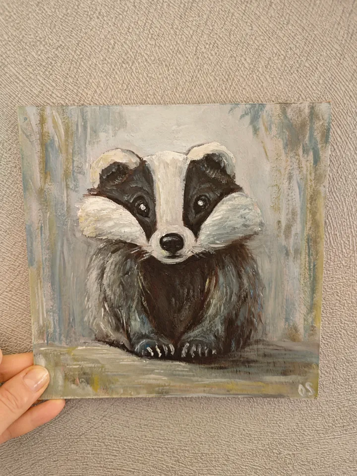 Badger Original Painting Cute Badger Original Art Animal Artwork Badger Funny Oil Painting Cute Badger Wall Decor Art 8 x 8 inches by OlgaSokolovaArt