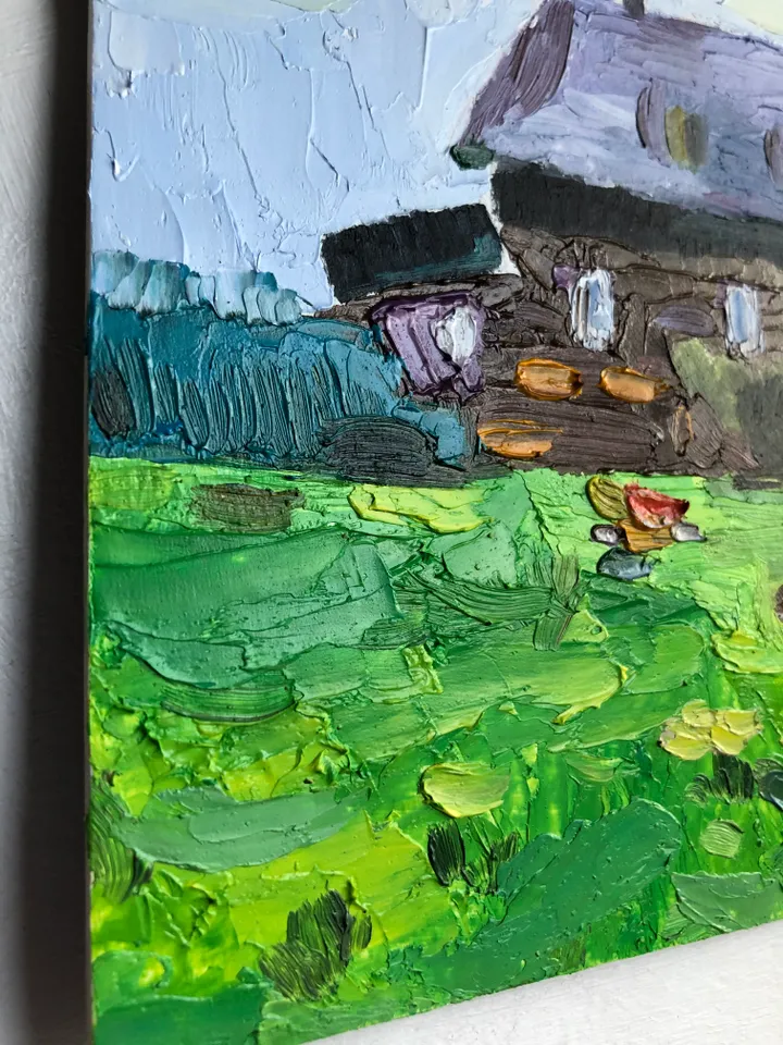 In the village Cow original oil painting hand painted impasto painting farmhouse wall art 6x9 inches
