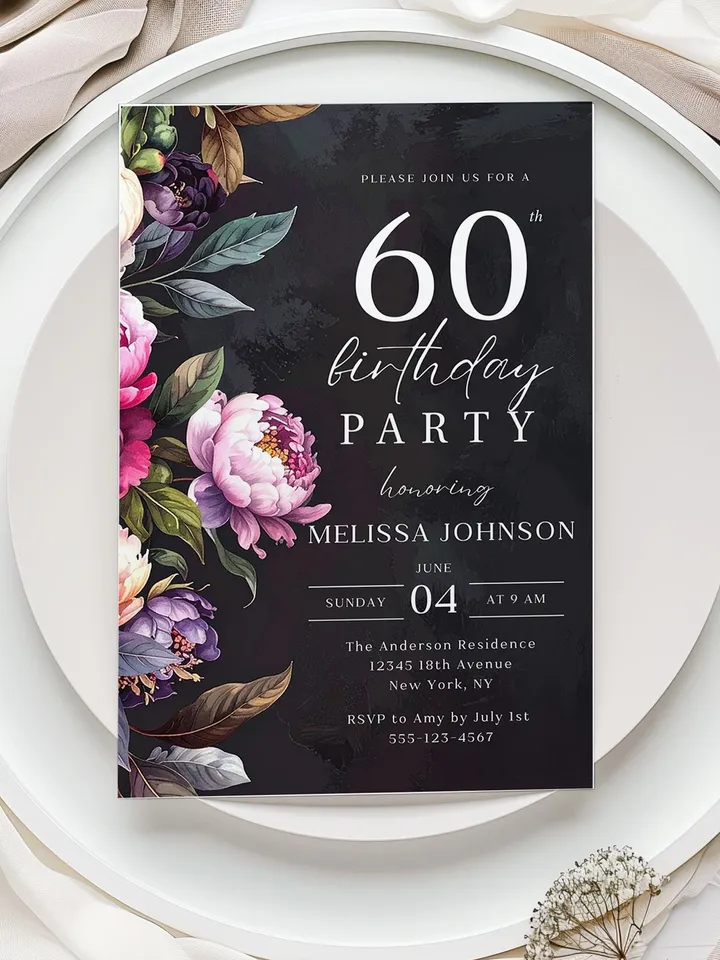 60th Birthday Invitation for women – Moody Burgundy & Blush Peony Floral Invitation, Elegant Dark Men Birthday Party Invite Canva Template