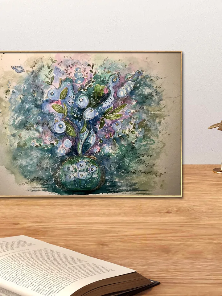 Floral fantasy original watercolor painting on paper, unique handmade artwork, wall art, home decor, blue green pink abstract fantasy art.