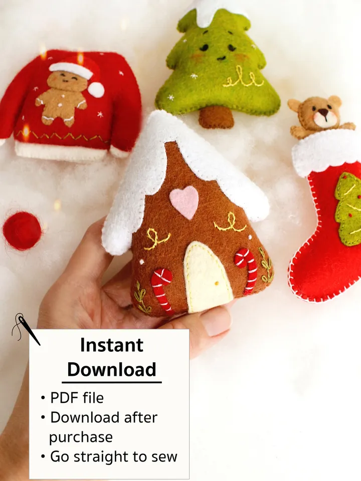 Felt Christmas tree garland hand sewing PDF tutorial with patterns. DIY Christmas tree ornaments. Soft toy pattern