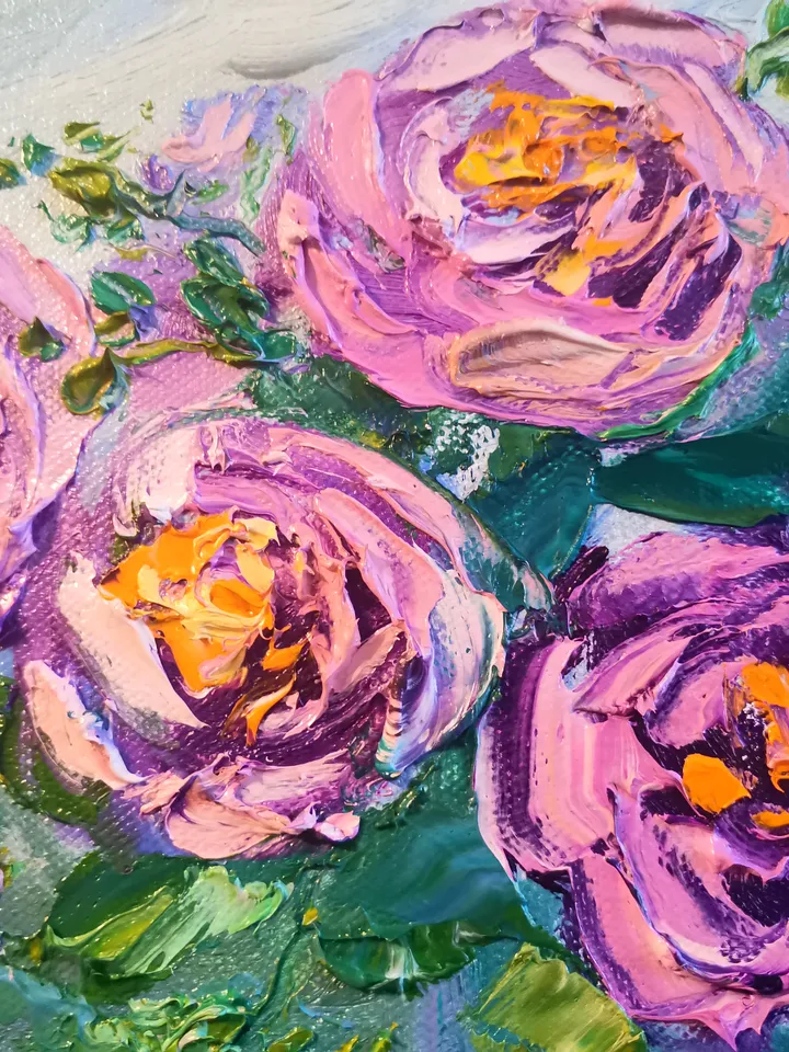 Pomegranate Glass Vase Flowers Pink Roses Impasto Oil Painting Original Artist Svinar Oksana