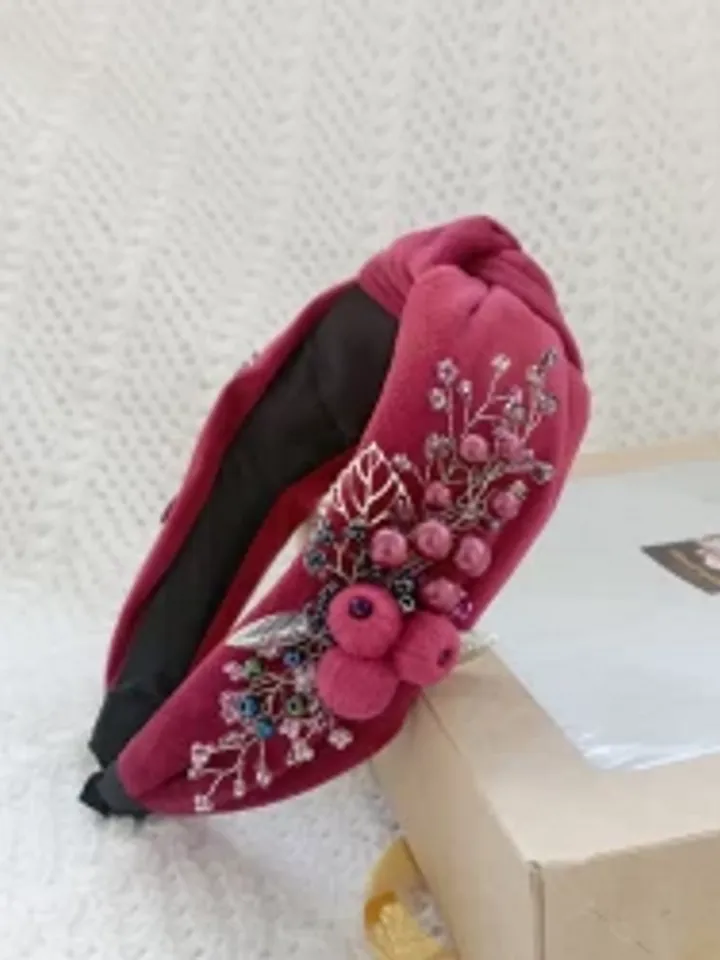 Magenta tie headband for women, beaded crystal headband, velvet embroidered headband, embellished headband, turban headband