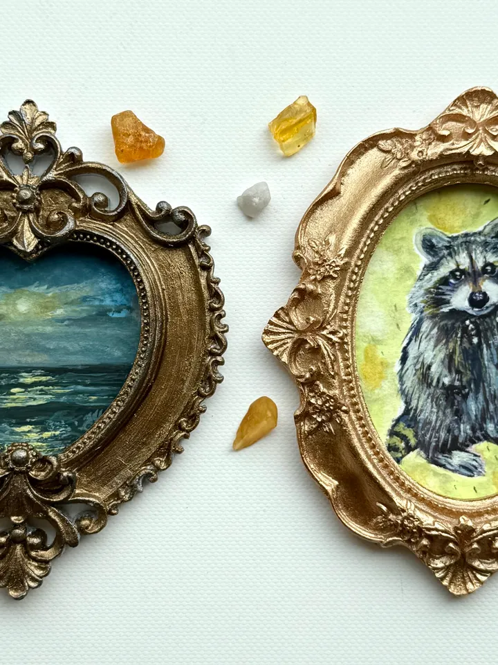 Raccoon Painting Original Small Framed Animals Gouache Painting Cute Wildlife Art Oval Frame