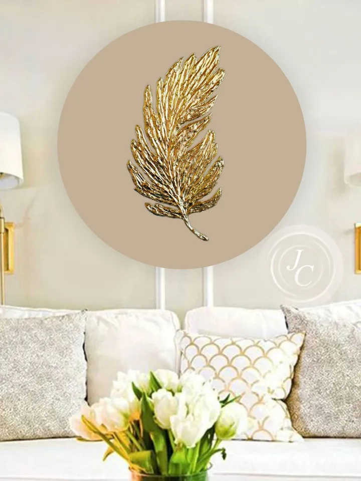 Gold Feather Abstract Painting Gold and Beige Wall Art on a round canvas Textured Artwork Modern wall decor