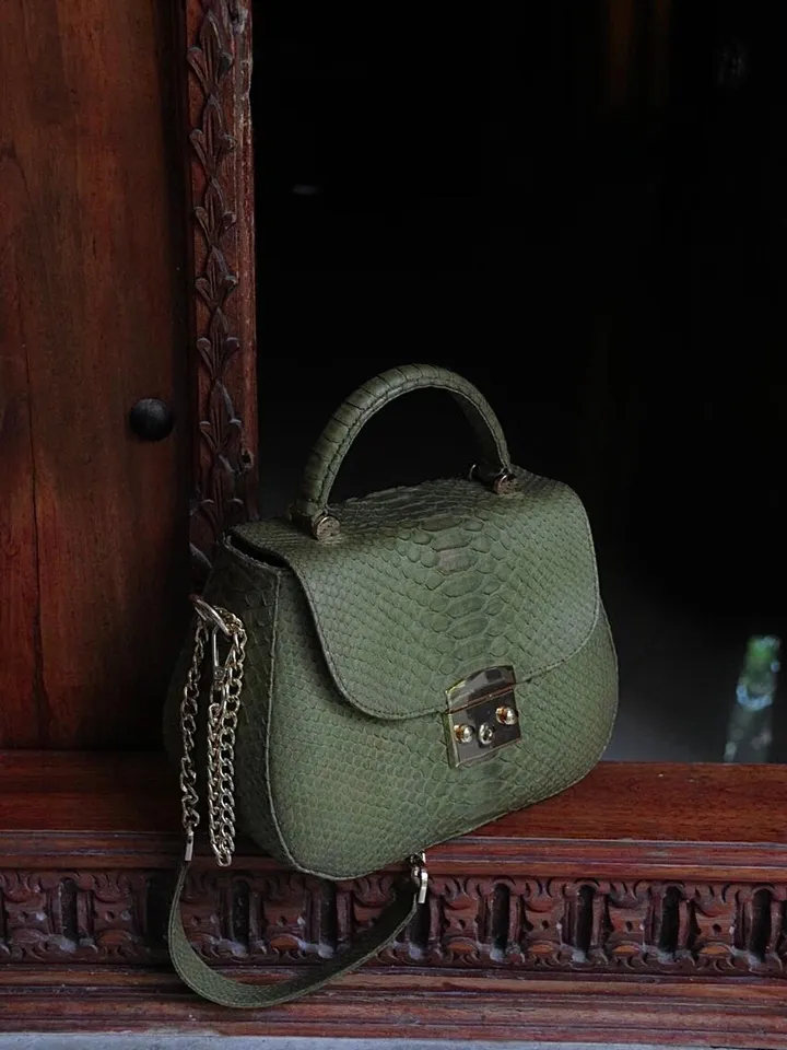 Genuine python top handle bag / designer bag / exotic leather bag / khaki purse exotic leather / snake  print designer classy purse