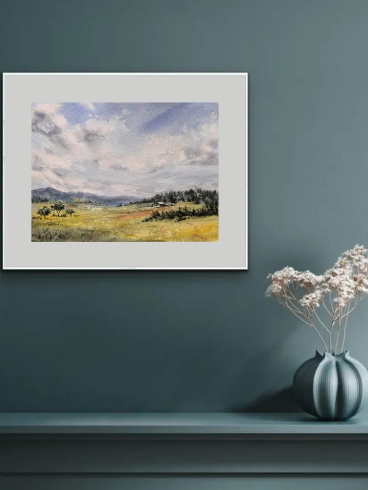 Landscape Original Meadow Painting Nature Watercolor Wall Art Field Painting