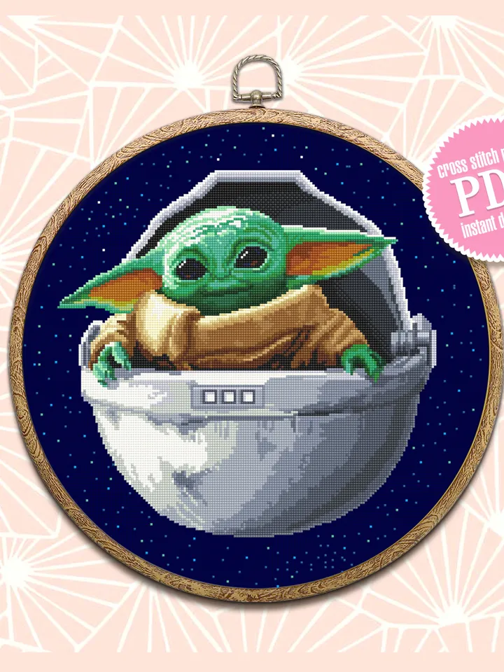 Green baby Yoda Grogu cross stitch pattern instant download PDF, Fantasy movie Mandalorian heroes cross stitch chart, Fun art, Star Wars Characters, Starry night sky #SW2