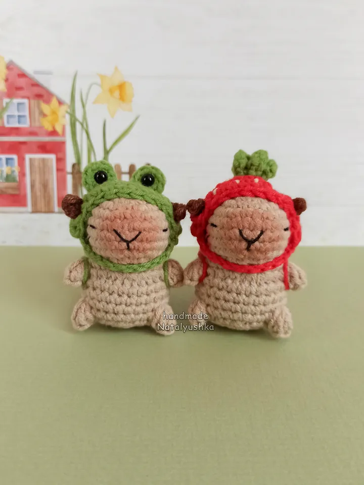 Capybara toy in costume, Capybara frog, Capybara strawberry, Crocheted small Capybara, Kawaii.